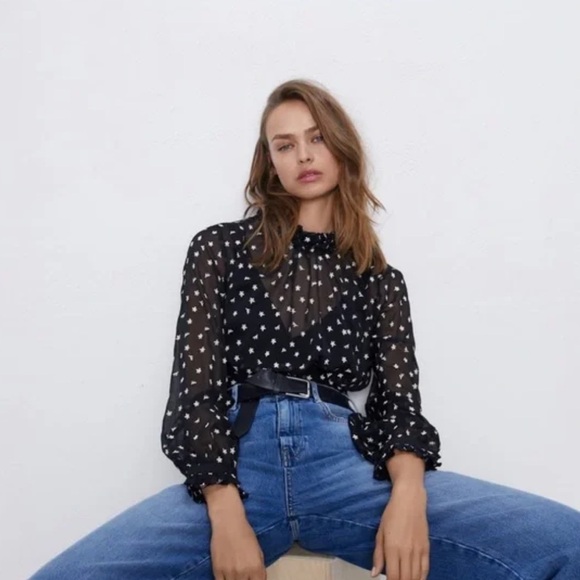 NWOT ZARA Black Sheer High Neck Ruffle Blouse XS - Picture 2 of 11